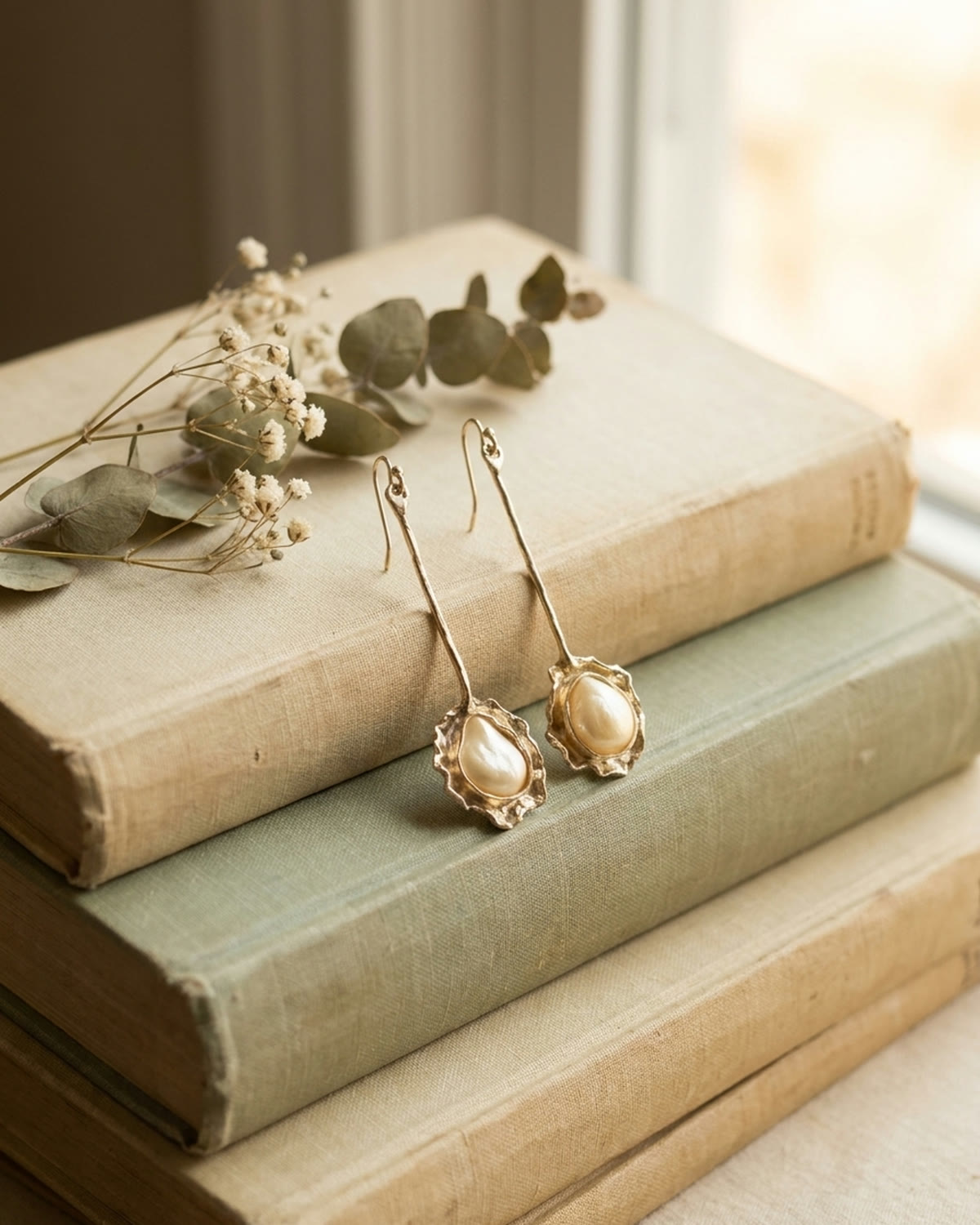 Pearl earrings styled as a vintage study