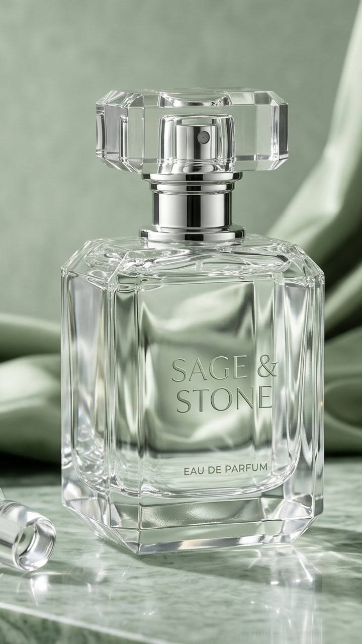 A faceted glass fragrance bottle tilted in soft silver-green light, leaves blurred in the foreground